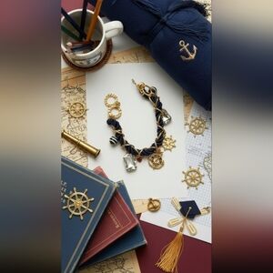 Nautical Navy Rope Bracelet with Gold Charms
